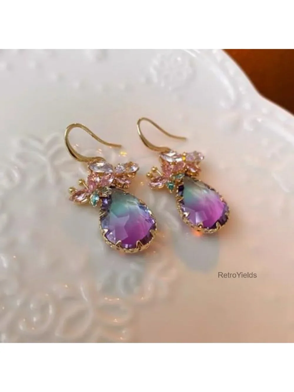 Crystal Teardrop Dangle Butterfly Earrings for Women, 14k Gold Plated Brass